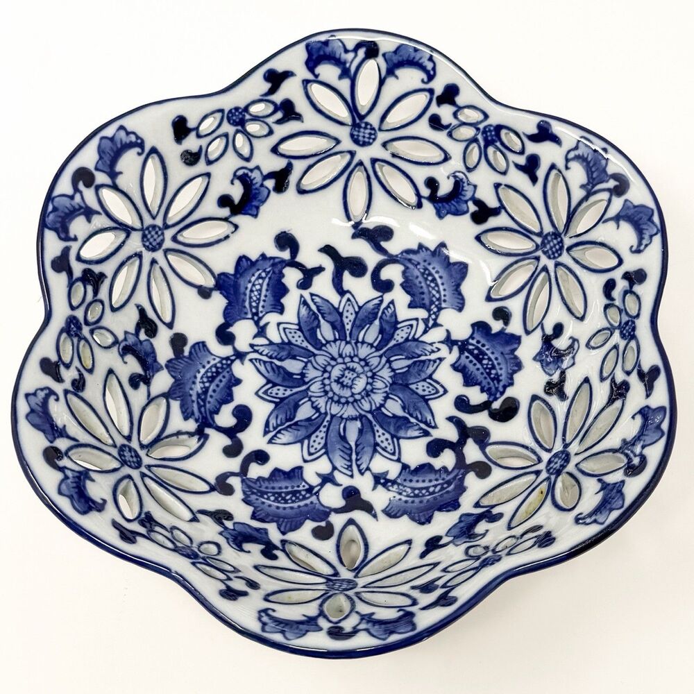 Vintage Blue White Reticulated Bowl Scalloped Edge Floral Pierced Dish 8”